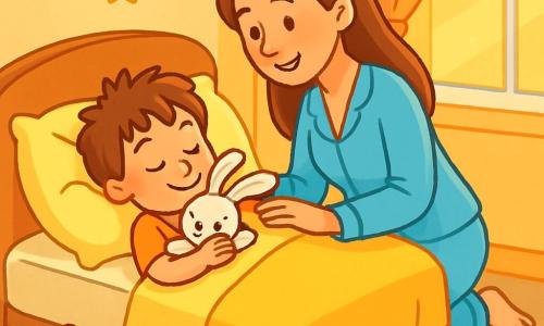 A 4-year-old boy with messy brown hair and sparkling curious eyes is lying on a large fluffy bed. His face radiates serenity and happiness as he gently strokes his soft white stuffed rabbit, nestled against his pillow. His mother, a woman in her 30s with long brown hair, stands nearby, smiling and soothing, whispering sweet words to him. She wears light blue pajamas and looks gentle and caring, watching over her little boy with love. The scene takes place in a warm bedroom with pastel-painted walls, golden stars hanging, and soft light filtering through the curtains. A fluffy rug lies on the floor, and colorful toys are scattered around, creating a welcoming and reassuring atmosphere. The little boy is preparing to fall asleep, eyes half-closed, a peaceful smile on his face, breathing slowly, surrounded by warmth and safety, ready to drift into a sweet slumber.