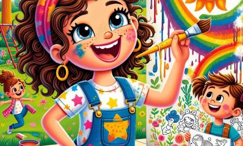 A joyful artist woman, Mia, with curly brown hair and paint-splattered overalls, smiles enthusiastically as she paints a large wall. Her eyes shine with excitement and her face is lit up by a broad smile. Next to her is a 7-year-old girl named Zoe, with pigtails and a starry t-shirt, holding a brush and gazing in wonder at the colorful wall. A 6-year-old boy, Max, stands a little further away, focused on his drawing of a dinosaur eating ice cream, with paint splatters on his cheeks. The scene takes place in a sunny playground in Willowville, filled with green trees, colorful swings, and children's laughter. The once-white wall is now a vibrant mural featuring rainbow-leaved trees, children playing, and a flying cat wearing a red cape. The main situation shows Mia and the children painting together, filling the wall with bright colors and joyful creations, sharing laughter and creativity under a bright blue sky.