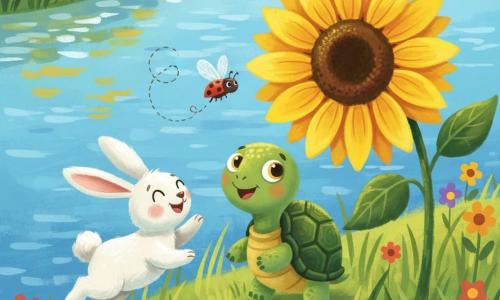 A small green turtle with a shiny, rounded shell gazes in wonder at a giant bright yellow sunflower while a fluffy white rabbit hops joyfully to its left and a tiny red ladybug with black spots loops above; they are on a grassy riverbank by a sparkling river under a light blue sky with colorful flowers, dancing around the sunflower in a bright, tender, wonder-filled scene.