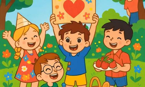 Ci sono 4 bambini: - Luca: un ragazzo di 5 anni con capelli castani disordinati e occhi brillanti. Indossa una maglietta blu e pantaloni corti gialli. Si trova al centro, tenendo una grande cornice di cartone decorata. - Giulia: una ragazza di 5 anni con capelli biondi intrecciati e un sorriso splendido. Indossa un vestito a fiori colorati e un piccolo cappello di carta. È a sinistra di Luca, alzando le braccia in aria con entusiasmo. - Matteo: un ragazzo di 5 anni con capelli neri e lentiggini sul naso. Indossa una camicia a quadri rossi e pantaloni corti di jeans. È a destra di Luca, tenendo un piatto di frutta con fragole e mele. - Samuele: un ragazzo di 5 anni con capelli castani e occhiali rotondi. Indossa una maglietta verde e pantaloni beige. È seduto sulla coperta, ridendo e tenendo una bottiglia d'acqua. La scena si svolge in un giardino soleggiato, pieno di fiori colorati e alberi verdi. Una grande coperta a righe è stesa sull'erba morbida, con un cestino da picnic stracolmo di prelibatezze. Il cielo è blu con alcune nuvole bianche e soffici. I bambini stanno preparando un picnic a sorpresa per la festa della mamma, ridendo e divertendosi, mentre la mamma di Luca, in lontananza, li osserva con un sorriso affettuoso.