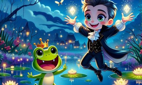 Victor, a young vampire with pale skin and sparkling eyes, wears a small black cape that floats around him. He has a big smile, full of joy and determination, as he holds the shining Crystal of Light in his hands, illuminating his face with a warm glow. Next to him, King Ribbit, a small green frog with a golden crown, jumps joyfully. He has sparkling eyes and a bright smile, raising his arms in victory while standing on a lily pad. The setting is the beautiful Misty Marsh, a magical place where glowing flowers bloom around them, and fireflies dance in the air, creating a magical atmosphere. The sky is dotted with twinkling stars, and the moonlight reflects on the calm water of the marsh, adding a touch of mystery. The scene depicts Victor and King Ribbit celebrating their victory after placing the Crystal of Light at the center of the marsh, driving away the threatening shadow that loomed over their enchanted world.