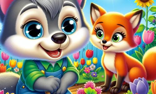 Léo, um pequeno lobo de pelos cinzentos e olhos curiosos, está agachado em um jardim vibrante de cores primaveris, com um sorriso radiante no rosto. Ele segura uma pequena pá com as patas, plantando sementes com entusiasmo. Ao seu lado, Mia, uma raposa de pelagem ruiva e olhos travessos, observa admirada, com as orelhas em pé e um grande sorriso. Ela segura um pequeno trevo de quatro folhas, pronta para mostrar a Léo. O jardim é um verdadeiro quadro de primavera: tulipas coloridas, girassóis se erguendo em direção ao céu azul e borboletas dançando ao redor das flores, adicionando um toque de magia. A cena principal mostra Léo e Mia trabalhando juntos no jardim, cercados pela beleza da natureza, compartilhando risadas e descobertas, simbolizando a amizade e a alegria da primavera.