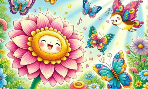 Eine kleine bunte Blume mit rosa und gelben Blütenblättern steht stolz im Zentrum des Gartens, strahlend vor Freude und lächelnd, tanzend unter der hellen Sonne. Um sie herum fliegen mehrere Schmetterlinge mit bunten Flügeln in Blau und Orange fröhlich, ihre Gesichter drücken Aufregung aus, während sie Pirouetten in der Luft drehen. Ein Vogel singt auf einem nahegelegenen Ast, mit leuchtend gelbem Gefieder und einem fröhlichen Blick, was zur festlichen Frühlingsatmosphäre beiträgt. Der Garten ist ein wahres lebendiges Bild, gefüllt mit strahlenden Blumen, üppigem Grün und Sonnenstrahlen, die durch die Blätter filtern und eine magische und bezaubernde Atmosphäre schaffen. Die kleine Blume und ihre Freunde feiern gemeinsam den Frühling, tanzen und singen, umgeben von der Schönheit der Natur, erfüllt von Glück und Energie.