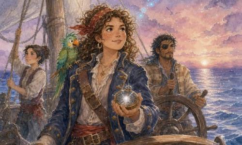 Capitana Mara, mujer de rostro redondo y pecas, cabello castaño rizado recogido con un pañuelo rojo, expresión decidida y alegre, de pie en la proa con una mano sobre la brújula y una perla brillante en la otra, abrigo de pirata azul noche con botones de latón; Bartolo, loro macho pequeño de plumas verdes intensas y pico naranja, posado en su hombro derecho con plumaje alborotado y mirada traviesa; Tomás, hombre de unos 35 años, piel bronceada y parche en un ojo, firme al timón en popa con postura concentrada y chaqueta a rayas beige; Lucía, mujer de unos 25 años, cabello recogido, sonriente y ágil, en el costado del mástil central faenando una vela blanca; escenario: viejo barco de madera con tablas texturizadas, cuerdas visibles y velas algo arrugadas sobre un mar de superficie entre lisa y ondulada que refleja destellos plateados; cielo crepuscular en tonos lavanda, rosa e índigo con nubes leves y una estela de pequeñas luciérnagas azules formando una flecha sobre el horizonte; la proa avanza hacia el Cabo de las Estrellas en un ambiente de esperanza y asombro, composición centrada en Mara guiando a la tripulación, luces suaves, reflejos plateados en el agua y toques de gel blanco para los destellos.