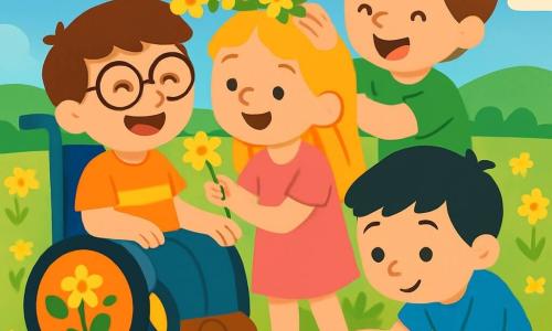 Hay 4 niños: - Luis: un niño de 8 años, con cabello castaño y gafas. Está sentado en una bonita silla de ruedas decorada con flores coloridas. - Marta: una niña de 7 años, con cabello largo rubio y un vestido rosa. Está de pie al lado de Luis, sonriendo, mientras recoge flores. - Juan: un niño de 8 años, con cabello negro y una camiseta azul. Está agachado frente a una piedra brillante, observándola con curiosidad. - Nico: un niño de 7 años, con cabello castaño y un pantalón corto verde. Está detrás de Marta, riendo y sosteniendo una corona de flores. El lugar es un prado soleado, lleno de flores amarillas brillantes que bailan suavemente en el viento. El cielo es de un azul profundo, salpicado de algunas nubes blancas esponjosas. A lo lejos, colinas verdes añaden suavidad al paisaje. La situación principal muestra a los niños creando una corona de flores. Luis, sentado en su silla, sonríe alegremente mientras Marta y Nico lo ayudan a ensamblar las flores. Juan, con su piedra especial, los observa con asombro, añadiendo un toque de magia a este momento de compartir y amistad.
