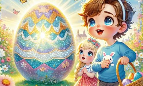 Un niño de 6 años, llamado Nico, con el cabello castaño despeinado y ojos llenos de curiosidad, se encuentra frente a un huevo de Pascua gigante y brillante, con las mejillas sonrojadas por la emoción. Lleva una camiseta azul con un pequeño conejo dibujado y orejas de conejo de papel en la cabeza, con una mirada maravillada y una gran sonrisa en el rostro. Junto a él, su hermana de 8 años, Clara, con largos cabellos rubios trenzados y un vestido rosa con lunares, observa el gran huevo con los ojos muy abiertos, sosteniendo una pequeña cesta de mimbre llena de huevos coloridos. Su mamá, una mujer sonriente con cabello castaño, está en el fondo, agachada para colgar una guirnalda de conejos de papel en un arbusto florecido. La escena transcurre en un jardín soleado, lleno de flores brillantes, mariposas revoloteando y un cielo azul claro salpicado de nubes blancas esponjosas. En el centro de la imagen, Nico toca el huevo dorado, intrigado por el pequeño papel pegado, listo para seguir las pistas y descubrir la sorpresa de Pascua.