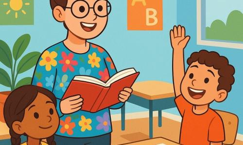 Una maestra, Clara, es una mujer sonriente de unos treinta años, con el cabello castaño recogido en un moño y gafas redondas. Lleva una blusa colorida adornada con dibujos de flores y sostiene un libro abierto en sus manos, mirando a sus alumnos con ojos brillantes de alegría y aliento. Junto a ella, Mateo, un niño de 8 años con cabello rizado y piel clara, levanta la mano con una gran sonrisa, ansioso por compartir su idea. Lila, una niña de 7 años con trenzas y piel caramelo, está sentada en su silla, con las manos en las rodillas, escuchando atentamente. La escena transcurre en un aula luminosa, con paredes pintadas de azul cielo y carteles coloridos colgados. Los escritorios de madera están dispuestos en círculo, y hay lápices y hojas de papel esparcidos sobre las mesas. La situación principal muestra a Clara explicando a los niños cómo levantar la mano para hablar, con un aire cálido y alentador. Los niños, cautivados, imitan su gesto, creando una atmósfera alegre y respetuosa, llena de colores vivos y sonrisas.