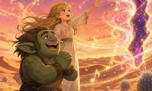 Un troll gioioso e caldo dai tratti rotondi, pelle verde salvia, naso largo e occhi ridanciani, inginocchiato e con le mani giunte a cantare verso una fessura luminosa; dietro di lui Lila, una ragazza di 12 anni dai lunghi capelli dorati e occhi verdi, in abito crema, anch'ella a cantare con la mano alzata verso la luce; il deserto è fatto di dune d'ambra con granelli scintillanti e piccole piante spinose blu pallido; la fessura magica è una crepa nell'aria con un alone vorticoso di luci rosa e dorate e scintille spirali; è il crepuscolo, cielo rosa-arancio e ombre lunghe, mentre note musicali luminose avvolgono la frattura mentre cantano per richiuderla.