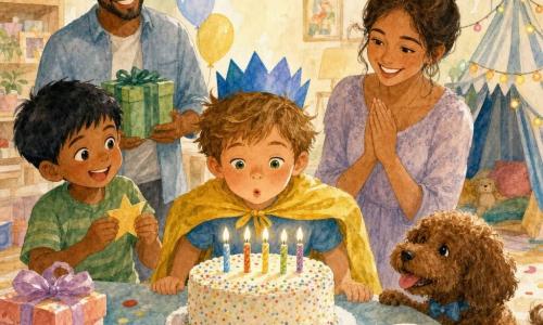 A 6-year-old boy with tousled light brown hair and bright green eyes, wearing a blue paper crown and yellow cape, blows out five small candles on a round white cake with colorful sprinkles while his smiling mother (30–35, brown hair in a bun) stands behind with hands clasped, his father (30–40, light beard, casual shirt) holds a green gift box in the corner, his friend Arlo (6–7, short black hair) stands nearby holding a small paper star, and a curly brown dog named Buddy with a blue bow tie sits at the table; the scene is a warm, joyful indoor birthday in a bright living room with light wood floors, colorful paper garlands, floating balloons, a striped tent with fairy lights, and a “HAPPY BIRTHDAY” banner, painted in soft watercolor tones.