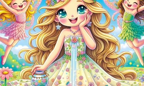 In an enchanted garden, a woman named Lily, about 25 years old, stands at the center of the image. She has long golden hair shining like sunlight and sparkling curious eyes. She wears a light pastel dress adorned with floral patterns and smiles in wonder while holding a small jar filled with magical water. Beside her, two little fairies, Flora and Fauna, dance joyfully. Flora, with shimmering pink wings, is about 10 years old and wears a dress made of flower petals. Fauna, with bright green wings, is slightly smaller and wears a dress made of leaves. They float around Lily, their faces glowing with joy. The setting is a fairy-tale garden filled with colorful flowers that seem to sing, under a bright blue sky with a shining rainbow in the background. In the center, a sparkling fountain bursts with shimmering water, surrounded by precious stones and crystals reflecting the light. The main scene shows Lily pouring the magical water into the fountain, while bursts of light and vibrant colors erupt around them, creating an atmosphere of joy and magic.