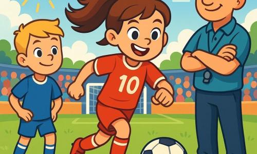 A young girl, Lily, about 12 years old, is at the center of the image. She has long brown hair tied in a dynamic ponytail and wears a red soccer jersey with the number 10. Her face shows joyful determination, with a big smile and sparkling eyes of excitement. She skillfully dribbles the soccer ball on the field. Next to her, a 13-year-old boy, her friend Max, has short blonde hair. He wears a blue jersey and looks at Lily with admiration, ready to cheer her on. A coach, a man around 40 with a cap and a whistle around his neck, stands at the edge of the field, watching the scene closely with a proud smile. The setting is a green soccer field surrounded by stands filled with enthusiastic spectators. The sky is blue with a few white clouds, and the sun is shining, creating a joyful and energetic atmosphere. The main situation shows Lily dribbling the ball, ready to score a decisive goal in an important match, while her friends and the coach cheer her on enthusiastically.