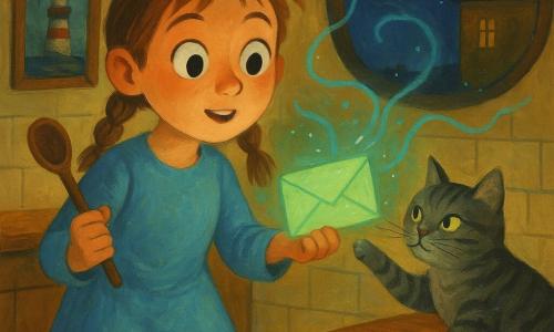 Nora es una aprendiz de bruja de diez años, curiosa y asombrada, con la frente levantada como una pequeña bandera; sostiene una cuchara de madera en una mano y un sobre verde que brilla en la otra, viste un vestido azul cielo simple con coderas remendadas y botas gastadas, el pelo castaño claro recogido en dos pequeñas trenzas. El gato Níspero, gris atigrado, está en el borde de la mesa, empuja suavemente la cuchara con la pata y mira el sobre con picardía. La cocina es pequeña y acogedora, con azulejos crema, mesa de madera y una ventana redonda por la que entra una luna amarillo pálido y se ve un edificio de ladrillo miel a lo lejos; en la pared hay un cuadro de un faro que parece guiñar, la pintura agrietada como tela que se deshace. Hilos luminosos azul verdosos flotan en el aire alrededor de Nora y del sobre como si el mundo se deshiciera en cintas brillantes; la escena es nocturna, dulce y mágica, con texturas de gouache, pinceladas gruesas, contrastes cálidos y sombras suaves.