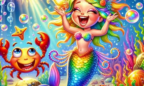 Uma sereia alegre chamada Luna, com cabelos dourados brilhantes como o sol e uma cauda colorida como o arco-íris, ri fazendo caretas divertidas. Ela está cercada por bolhas coloridas que flutuam ao seu redor, mostrando sua felicidade. Ao lado dela, um pequeno caranguejo chamado Zico, com uma carapaça vermelha e pinças que se agitam, aplaude rindo, sentado em uma pedra coberta de algas. Um pouco mais longe, um polvo malabarista chamado Bola jongla com estrelas-do-mar, seus tentáculos coloridos se estendendo em todas as direções. O fundo da ilustração mostra um reino subaquático mágico, cheio de corais multicoloridos, peixes cantores e raios de luz filtrando pela água. A cena principal mostra Luna, Zico e Bola preparando um festival de risadas, com bolhas brilhantes e risadas que preenchem a água, ilustrando uma atmosfera festiva e de camaradagem subaquática.
