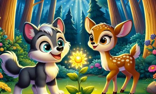Ein kleiner Wolf namens Lupo, mit glänzend grauem Fell und neugierigen Augen, steht begeistert in der Mitte der Szene und entdeckt ein wunderschönes goldenes Licht, das von einer Blume ausgeht. Neben ihm schaut ein kleines Rehkitz mit hellbraunem Fell und großen, sanften Augen, das Lupo dankbar anblickt und eine sanfte Melodie singt. Die Kulisse ist eine verzauberte Lichtung, umgeben von hohen Bäumen mit dicken Stämmen und üppigem Laub, wo Mondstrahlen durch die Äste funkeln und bunte Blumen sanft im nächtlichen Wind tanzen. Lupo ist fasziniert von der goldenen Blume, die im Mondlicht leuchtet, während das Rehkitz fröhlich singt und eine magische, freundliche Atmosphäre schafft.