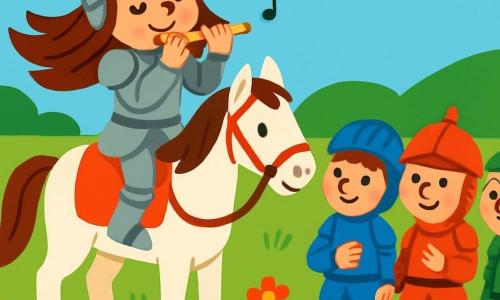 Eine mutige Ritterin namens Mia steht stolz auf ihrem weißen Pferd Lilo. Sie trägt eine glänzende Rüstung, die in der Sonne funkelt, und ihr Gesicht zeigt Entschlossenheit und Freude. Ihre langen braunen Haare wehen im Wind, während sie mit einem warmen Lächeln Flöte spielt. Neben ihr hat eine Gruppe von Rittern, alle etwa 10 Jahre alt, angehalten, um der Musik zuzuhören. Sie tragen bunte Rüstungen, und ihre Gesichter zeigen Neugier und Freundschaft. Die Szenerie ist eine weite grüne Wiese, übersät mit leuchtend bunten Blumen, unter einem hellblauen Himmel. In der Ferne zeichnen sich sanfte Hügel am Horizont ab. Mia spielt Flöte, um die Ritter um sich zu versammeln und einen Moment der Anspannung in eine fröhliche Feier der Freundschaft und des Friedens zu verwandeln.