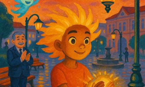 The protagonist is Nova, a radiant-faced girl with hair like golden rays and bright eyes, who with a gentle, determined expression holds her hands before a lamppost to conjure a warm glow between her palms; a small magical sprite called Glimmerbyte, with a translucent body and turquoise flame, flutters by her shoulder leaving sparks, while Mayor Brightwell, about fifty in a navy suit with a gray mustache, stands back applauding softly; the scene is the town square at dusk—gleaming cobbles, a stone fountain, a row of solar lampposts, an orange-pink sky with first stars—as Nova restores the tired lampposts, soft light rippling in circles and warm reflections on the stones, creating a calming, magical atmosphere.
