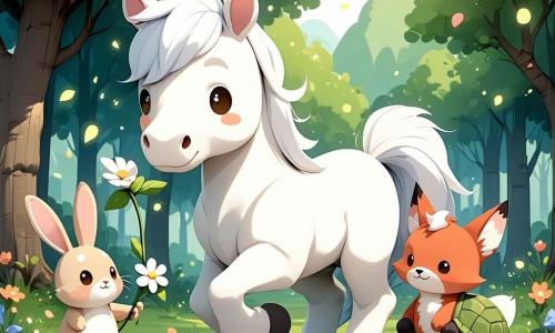 Un caballo blanco llamado Nube, de pelaje esponjoso, trota alegre y tranquilo llevando en la boca una flor mágica; a su lado salta una liebre beige de largas orejas rosadas, detrás camina un zorro rojizo con otra flor y una tortuga verde y lenta sigue con una pequeña corona de flores en el caparazón; cruzan en fila piedras planas de un arroyo de agua clara que brilla, junto a un prado azul con flores y un gran árbol de hojas doradas, bajo un cielo azul pastel con rayos de sol suaves y mariposas multicolor.