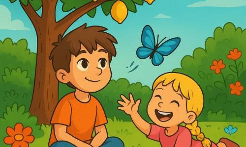 Um menino de 8 anos, chamado Simão, com cabelos castanhos bagunçados e olhos cheios de curiosidade, está sentado sob um grande limoeiro. Ele tem um sorriso suave e sonhador, com as pernas cruzadas e as mãos sobre os joelhos, contemplando uma linda borboleta azul que voa ao seu redor. Ao seu lado, sua irmã Leonor, uma menina de 6 anos com cabelos loiros trançados e olhos brilhantes, está deitada na grama, rindo e tentando pegar a mesma borboleta. O jardim é encantador, repleto de flores coloridas, arbustos verdes e um céu azul radiante, onde o sol filtra através das folhas, criando sombras dançantes no chão. A cena principal mostra Simão, perdido em seus pensamentos, descobrindo a beleza do silêncio e da natureza, enquanto Leonor, cheia de alegria, traz leveza e risadas a esse momento pacífico.