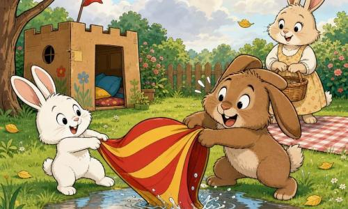 A small white rabbit with upright ears, round shiny eyes and a playful grin pulls hard on a large red-and-yellow striped hat half on a puddle while a big brown rabbit with droopy ears and a surprised laugh pulls the other side opposite him; a cream-furred mother rabbit in a simple dress holding a picnic basket smiles nearby by a checkered mat where the hat sat; bright garden setting with green grass, a shiny puddle reflecting the hat, a cardboard box fort, a few falling yellow leaves and a soft sun breaking through clouds; a gentle, comic tug-of-war as the hat tips and splashes into the puddle, in a warm, rounded European comic style with clear lines and simple textures for toddlers.