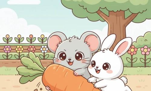 A light-gray rat with soft fur and bright round eyes smiles mischievously as it pushes a huge orange carrot with its front paws while a small white bunny with fluffy fur and pink ears jumps and pulls it, their bodies close and coordinated; in the background a colorful garden with brown soil, rows of green vegetables, round-petaled flowers and a large oak with green leaves; the carrot is partly buried with visible roots and clumps of soil; soft light, pastel colors, simple composition, rounded shapes, clear outlines, warm joyful mood.