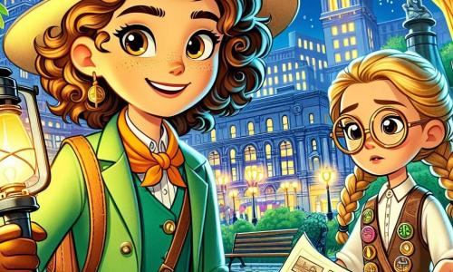 Lara, uma jovem de cabelos castanhos e cacheados, veste uma combinação de exploradora verde e um chapéu de palha. Ela tem olhos brilhantes de curiosidade e um grande sorriso, segurando uma lanterna em uma mão e um velho jornal na outra, pronta para descobrir os mistérios escondidos sob a cidade. Ao seu lado, Sofia, uma menina de cabelos loiros e trançados, com cerca de 10 anos, usa óculos redondos e um colete cheio de ferramentas de invenção. Ela examina um mapa com concentração, se posicionando levemente para trás para ver melhor. A cena acontece em um parque central movimentado de Luminópolis, com árvores verdes, bancos de madeira e um antigo monumento no centro. Ao fundo, vê-se edifícios modernos com janelas brilhantes e um grande relógio que toca. Lara e Sofia se preparam para entrar em um túnel misterioso, cercadas por sombras e luzes, com folhas caídas ao redor, enquanto trocam olhares excitados, prontas para viver uma grande aventura.