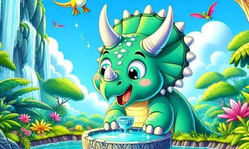 Un triceratops vesel, cu o piele verde strălucitoare și coarne albe, stă pe marginea unui minunat Craterul Apei Turcoaz. Ochii săi mari și rotunzi strălucesc de entuziasm în timp ce privește o cupă sacră strălucitoare, așezată delicat pe o piatră lustruită. Lângă el, un mic pterodactil cu aripi colorate, zâmbind jucăuș, zboară în jurul său, adăugând un strop de dinamism scenei. Fundalul este plin de vegetație luxuriantă, cu copaci uriași cu frunze strălucitoare și flori vibrante, în timp ce o apă turcoaz strălucitoare reflectă cerul albastru deschis. În această scenă, Tico, triceratopsul, descoperă cupa sacră, pregătit să protejeze Râul Cristalin cu ajutorul prietenului său zburător.