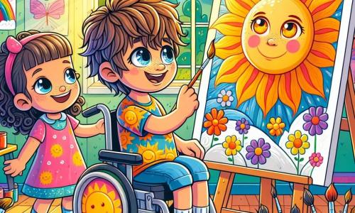 Um menino de 4 anos, Lucas, sorridente com olhos brilhantes, está sentado em sua cadeira de rodas. Ele tem cabelo castanho bagunçado e usa uma camiseta colorida com padrões de sol. Ele está pintando um grande mural com cores vivas, mostrando um sol amarelo brilhante e flores multicoloridas, seu rosto radiante de alegria e concentração. Ao seu lado, uma menina de 4 anos, Ana, com cabelo cacheado e vestido rosa, está em pé segurando um pincel e olhando para Lucas com admiração, pronta para ajudá-lo a pintar. Ela sorri calorosamente, compartilhando a empolgação do momento. O local é uma sala iluminada e acolhedora, com paredes brancas decoradas com desenhos de crianças. Mesas estão cobertas de potes de tinta colorida e pincéis, e raios de sol filtram através de grandes janelas, iluminando o espaço de maneira alegre. A situação principal mostra Lucas e Ana em plena criatividade, colaborando para criar uma obra de arte juntos, ilustrando a beleza da amizade e da inclusão, enquanto celebram os talentos únicos de cada um.