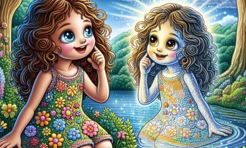 En el centro de la imagen, una niña de 8 años llamada Clara, con cabello castaño rizado y ojos llenos de curiosidad, está sentada al borde de un lago brillante. Lleva un vestido colorido adornado con flores y una pequeña mochila. Su rostro expresa asombro y alegría mientras mira su reflejo en el agua, donde una imagen sonriente le responde. Junto a ella, su reflejo, que parece cobrar vida, tiene los mismos rasgos que Clara, pero con un aura misteriosa y luminosa. Le guiña un ojo, como para animarla a explorar más. Al fondo, un paisaje encantador de bosques se despliega: árboles majestuosos con troncos gruesos, hojas brillantes como esmeraldas y flores de colores que salpican el suelo. El cielo es de un azul brillante, salpicado de nubes esponjosas, y rayos de sol filtran a través de las ramas, creando una atmósfera mágica. La escena principal muestra a Clara conversando con su reflejo, descubriendo la sabiduría del lago. El agua tranquila, como un espejo, refleja no solo su imagen, sino también los secretos y lecciones que el mundo tiene para ofrecer.