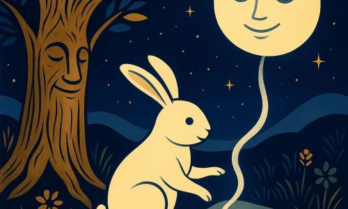 Un pequeño conejo blanco llamado Lino, de orejas largas y pelaje suave, toca delicadamente una cinta lunar plateada sobre una piedra plana; a su izquierda un viejo roble antropomórfico y protector muestra expresión sabia y sus ramas se inclinan hacia él, mientras una luna sonriente en el cielo envía un hilo luminoso en forma de cinta; la escena transcurre en un prado nocturno de hierba y flores estilizadas con colinas ondulantes, cielo azul profundo salpicado de estrellas doradas, ambiente tranquilo, misterioso y poético, composición centrada y simétrica con contraste de oro/plata sobre azul noche.