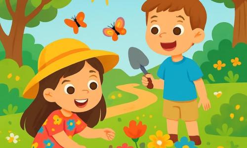 Hay 2 personajes principales: Clara, una niña de 6 años con largos cabellos castaños y una gran sonrisa, que lleva un sombrero amarillo brillante y un vestido de flores coloridas, y Pablo, un niño de 6 años con cabello corto y castaño, que lleva una camiseta azul y un pantalón corto beige. Clara está agachada plantando semillas en el jardín, mientras Pablo está de pie a su lado con una pequeña pala, mirando con entusiasmo las flores que comienzan a crecer. La escena tiene lugar en un parque natural vibrante, lleno de flores multicolores, árboles majestuosos y mariposas volando. El sol brilla en un cielo azul claro y se puede ver un pequeño sendero de tierra serpenteando a través del parque, bordeado de arbustos verdes y hermosas flores. La situación principal muestra a Clara y Pablo creando un jardín para las abejas, con flores brillantes que comienzan a florecer. Están alegres y concentrados, rodeados de una atmósfera de naturaleza viva, llena de colores y luz.