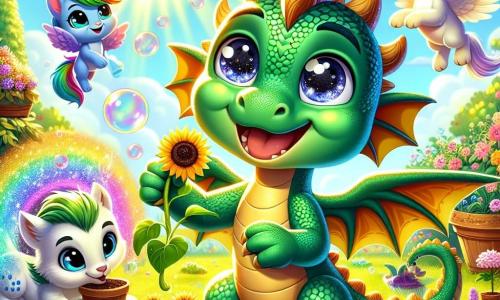 Fiocco, un giovane drago dalle squame verdi e brillanti, sta piantando semi di girasole in un giardino soleggiato. Il suo viso esprime grande gioia, con occhi scintillanti e un ampio sorriso, mentre usa delicatamente le sue piccole zampe per scavare nel terreno. Accanto a lui, Piuma, un piccolo unicorno dai crini arcobaleno, osserva con meraviglia, i suoi occhi brillanti di curiosità. Si regge sulle zampe anteriori, pronta ad annaffiare le piante con la sua magia. Stello, una volpe luminosa dai peli dorati, si dedica a decorare il giardino con pietre colorate, mostrando un'espressione concentrata e determinata. Gemma, un gattina alata dalle ali scintillanti, vola sopra di loro, sorridendo e aggiungendo tocchi di magia al decor. Il giardino è uno spazio vibrante, pieno di fiori colorati, verde lussureggiante e raggi di sole che filtrano tra le foglie degli alberi. Bolle di sapone fluttuano nell'aria, creando un'atmosfera magica e gioiosa. La scena principale mostra Fiocco e i suoi amici che lavorano insieme con entusiasmo per creare un magnifico giardino comunitario, simbolo della loro amicizia e collaborazione.