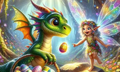 Ein kleiner Drache namens Flämmchen mit glänzenden, bunten Schuppen sitzt auf einem großen Felsen am Rande eines glitzernden Baches. Seine großen, runden Augen drücken Neugier und Aufregung aus, während er einen Korb voller bunter, magisch dekorierter Ostereier betrachtet. Neben ihm lächelt eine kleine Elfe mit durchsichtigen, schimmernden Flügeln und einem Kleid aus Blütenblättern fröhlich, während sie auf ein besonders glänzendes Ei zeigt. Sie wirkt amüsiert und voller Energie, schwebt leicht über dem Boden. Die Kulisse ist ein wunderschöner verzauberter Wald mit verdrehten Baumstämmen und leuchtend grünen Blättern, während bunte Blumen den Boden bedecken. Sonnenstrahlen filtern durch die Äste und schaffen eine magische, warme Atmosphäre. Flämmchen und die Elfe entdecken gemeinsam die versteckten Ostereier, die voller Magie und Überraschungen sind, in einer Atmosphäre von Abenteuer und Freude.