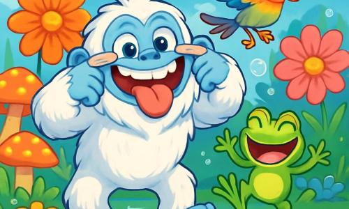 Un yeti gioioso di nome Gigolino, con un pelo bianco e soffice, grandi occhi blu scintillanti e un ampio sorriso, fa delle facce esilaranti in un grande campo di fiori colorati. Accanto a lui, una piccola rana verde di nome Rimbalzo, con grandi occhi rotondi e un'espressione birichina, salta felicemente ridendo. Un uccello arcobaleno, Piumino, vola sopra di loro, le sue piume scintillanti riflettono la luce del sole, cantando una melodia coinvolgente. Lo scenario è una palude magica, piena di fiori giganti dai colori vivaci e funghi enormi, con bolle d'acqua frizzante che fluttuano nell'aria. La scena mostra Gigolino mentre fa una smorfia comica, mentre Rimbalzo e Piumino ridono, creando un'atmosfera gioiosa e divertente.