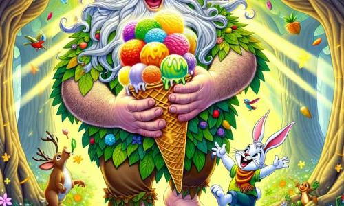 Un gigant vesel, Bătrânul Făurar, stă în centrul imaginii, cu un zâmbet mare pe față. Are părul lung și ondulat, de culoare argintie, și poartă o tunică colorată din frunze și flori. Brațele sale musculare sunt ridicate în aer, ținând un imens con de înghețată plin de fructe colorate, în timp ce râde de fericire. Lângă el, un iepuraș mic numit Năzdrăvan, de aproximativ 5 ani în echivalent uman, sare de bucurie. Are blana albă strălucitoare și urechi mari, iar pe gât poartă un fular roșu. Năzdrăvan îl privește pe gigant cu uimire, pregătit să guste din înghețata uriașă. În fundal, o pădure fermecată se întinde, cu copaci cu trunchiuri groase și frunze verzi strălucitoare, iluminate de raze de soare aurii care filtrează printre crengi. Flori multicolore presară solul, iar creaturi amuzante, cum ar fi păsări cântătoare și veverițe curioase, adaugă viață scenei. Situația principală arată cum Bătrânul Făurar și Năzdrăvan pregătesc cea mai mare înghețată din lume, înconjurați de râsete și bucurie, cu fructe proaspete și colorate împrăștiate în jurul lor, creând o atmosferă festivă și magică.