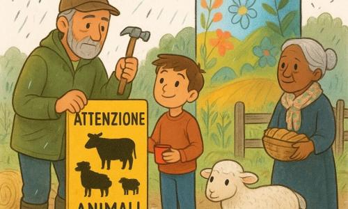 Un agricoltore sulla cinquantina, volto segnato, barba grigia corta, occhi dolci e preoccupati, indossa giacca impermeabile kaki e stivali fangosi; pianta un grande cartello giallo 