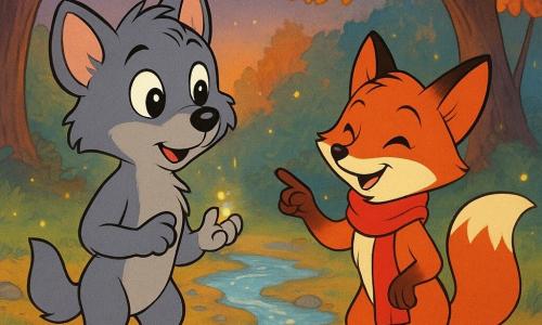Un giovane lupo di nome Brumo, con un morbido manto grigio e grandi occhi brillanti, si trova curioso e meravigliato su una viuzza di piccole pietre scintillanti. Accanto a lui, una piccola volpe con una sciarpa rossa, di nome Lù, sorride maliziosamente indicando un ruscello ghiacciato. Sullo sfondo, alberi maestosi dalle foglie multicolori formano un arco naturale, illuminato da una luce crepuscolare dolce e magica. La scena si svolge in un boschetto incantevole dove passato e futuro sembrano incontrarsi, con lucciole che illuminano l'aria intorno a loro. Brumo tiene delicatamente un piccolo seme brillante, simbolo di viaggio nel tempo, mentre ascolta attentamente le storie del vento.