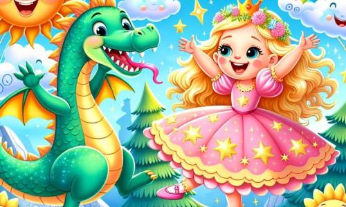 A princesa Lila, uma menina de cerca de 7 anos, tem longos cabelos dourados que brilham como o sol. Ela usa um vestido rosa com estrelas cintilantes e um grande sorriso no rosto, cheia de alegria enquanto dança com o dragão. O dragão, chamado Drago, é um grande dragão verde com escamas brilhantes e olhos cheios de travessura. Ele faz piruetas no ar, com as asas abertas, parecendo rir de felicidade enquanto dança com Lila. A cena acontece na Montanha Mágica, uma paisagem encantadora com nuvens coloridas flutuando no céu azul, árvores com folhas multicoloridas que dançam ao ritmo da música e flores sorrindo ao redor. Lila e Drago dançam alegremente juntos, cercados de risos e cores, criando uma atmosfera mágica e cheia de vida, onde o vento também parece querer se juntar à dança.