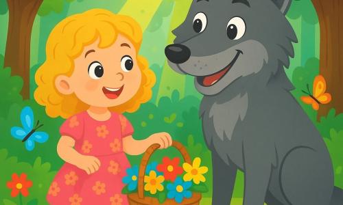 A 4-year-old girl with curly golden hair smiles joyfully, her eyes sparkling with curiosity. She wears a pink dress with flower patterns and holds a pretty basket filled with colorful flowers. Next to her is Walter, the Big Bad Wolf, who has gray fur and bright eyes but wears a friendly smile. He is large and imposing but leans slightly toward the girl, showing he is gentle and kind. The scene takes place in a magical forest with thick-trunked trees and vibrant green leaves, while brightly colored flowers like yellow, red, and blue cover the ground. Sun rays filter through the branches, illuminating the girl's face and creating a warm, welcoming atmosphere. The main situation shows the girl and the wolf picking flowers together, laughing and having fun, while colorful butterflies flutter around them, adding a touch of magic to their budding friendship.