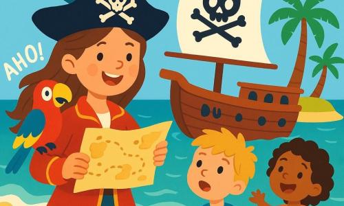 Eine junge Frau, Lina, ist die Kapitänin eines Piratenschiffs. Sie hat lange braune Haare, die im Wind wehen, und trägt einen Piratenhut mit einer bunten Feder. Ihr Gesicht drückt Entschlossenheit und Freude aus, während sie lächelt und eine Schatzkarte hält. Neben ihr beobachtet Jo, ein 10-jähriger Junge mit zerzausten blonden Haaren, das Meer mit leuchtenden Augen vor Aufregung. Suri, ein 9-jähriges Mädchen mit lockigem Haar und gebräunter Haut, tanzt fröhlich auf dem Deck und singt. Pico, der Papagei mit leuchtenden Federn, sitzt auf Linas Schulter und ruft 
