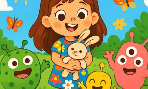 A 6-year-old girl named Luna, with long brown hair and sparkling curious eyes, stands in the center of her sunny garden, a big smile on her amazed face. She wears a colorful floral dress and holds in her arms an adorable stuffed rabbit named Mr. Flop, who has long floppy ears. Next to her, a round green alien with polka dots named Zoop stands joyfully, arms open as if wanting to hug. Another alien, Blip, is short and yellow, wearing sparkling boots, enthusiastically dancing beside Luna. Finally, Gleep, the pink three-eyed alien, makes a friendly gesture with his hands. The garden is filled with colorful flowers, fluttering butterflies, and a bright blue sky. In the background, a small shiny spaceship is delicately resting on the green grass. The main scene shows Luna, amazed, discovering the aliens who have just landed, creating a magical and joyful atmosphere.