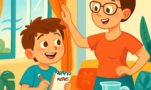 Un niño de 8 años, con el cabello castaño alborotado y ojos llenos de curiosidad, está de pie en una sala luminosa. Lleva una camiseta azul brillante y un pantalón corto amarillo, y su rostro expresa una alegría contagiosa mientras observa una ventana abierta que deja entrar una suave brisa. A su lado, su mamá, una mujer de unos treinta años con el cabello castaño recogido en un moño y gafas, sonríe orgullosamente mientras le muestra cómo cerrar las cortinas para mantener la frescura en el interior. La sala está decorada con plantas verdes exuberantes, cojines coloridos en un sofá cómodo y una gran ventana que deja pasar la luz del sol. En la mesa, una jarra de agua con hielo brilla, añadiendo un toque refrescante al ambiente. La escena principal muestra al niño y a su mamá conversando alegremente sobre los simples gestos que pueden hacer para mantener la casa fresca mientras cuidan del planeta. El niño, con una mirada decidida, toma notas en su pequeño cuaderno, listo para convertirse en un héroe del clima en su propio hogar.