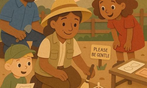 Dr. Maya, a smiling, kind archaeologist with a soft face and wide straw hat, kneels and delicately brushes a small brown pot shard with a fine brush while a 35-year-old male assistant in a blue shirt with short beard stands just behind her to the left holding a small trowel and measuring the ground with a wooden ruler; a 7-year-old girl with curly chestnut hair in a red dress leans in to the right, hands on her knees, watching in wonder, and a 6-year-old blond boy in a green cap stands to the left holding an illustrated card; the scene is a small outdoor dig with ochre earth in a square marked by white string and pegs, a wooden 
