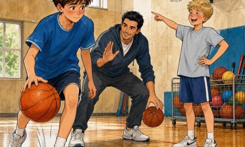 Een verlegen maar nieuwsgierige 12-jarige jongen met roodglozend gezicht en warrig bruin haar draagt een blauw T‑shirt en witte sneakers en dribbelt een oranje bal richting basket; zijn jeugdvriend Daan, ook ~12, met kort blond haar en een guitige blik staat naast hem met handen in de zij en lacht terwijl hij naar de basket wijst; meester Karim, een kalme volwassen man van ~35 met getinte huid en kort zwart haar, hurkt achter de kinderen en toont dribbeltechniek; in een grote gymzaal met glanzende houten vloer, beige muren en grote ramen, een aan de muur gemonteerde basket en een kar vol gekleurde ballen; sfeer van leerzame, warme inspanning en aanmoediging.
