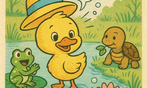 Zeca, um pequeno pato amarelo de plumagem fofa e olhar curioso, usa um chapéu amarelo de aba larga com fita azul e inclina a cabeça como se ouvisse; o chapéu falante, amarelo limão com fita azul e rosto sorridente bordado, flutua acima dele emitindo pequenos 