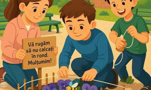 Băiat de 12 ani (păr scurt brun, ten deschis) fericit și concentrat, purtând pulover albastru și blugi, aplecat plantând bețe mici din lemn pentru a forma un mini- gard, mâini ușor murdare de pământ; alături, Matei, 12 ani, zâmbitor și ștrengar, păr negru zburlit, tricou verde, ține o bobină de ață și ajută la întinderea cordonului; în stânga, Ana, 11–12 ani, blândă, coadă de cal șaten, jachetă roz pal, ține un semn din carton pe care scrie „Vă rugăm să nu călcați în rond. Mulțumim!” și îl plasează în fața rondului; locul: curte de școală pătrată cu pietriș deschis, bănci verzi, jardiniere circulare cu viorele violete și galbene, clădiri bej în fundal; moment: primăvară luminoasă, o albinuță aurie pe o viorea din centru în timp ce copiii montează mini- gardul și leagă ața; stil: ilustrație vectorială curată, culori saturate și texturi plate, contururi moi, atmosferă caldă și binevoitoare.