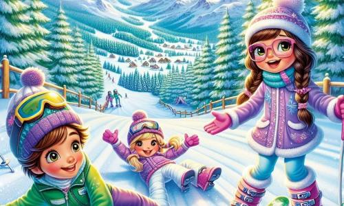 Ci sono tre personaggi principali: 1. **Luna**, una ragazza di 7 anni con lunghi capelli castani e occhiali rosa, che indossa una tuta da sci blu e sci gialli. Sta mostrando a Stella come sciare, con un grande sorriso sul viso. 2. **Stella**, una ragazza di 7 anni con capelli biondi intrecciati e un berretto viola, vestita con una tuta da sci rosa. È proprio dietro Luna, pronta a seguire i suoi consigli, con le braccia aperte per mantenere l'equilibrio. 3. **Marco**, un ragazzo di 7 anni con capelli castani e un sorriso amichevole, indossa una tuta da sci verde. È seduto nella neve, un po' triste dopo essere caduto, ma con uno sguardo di speranza in attesa dell'aiuto dei suoi amici. Il luogo è una bellissima pista da sci, circondata da abeti innevati, con montagne maestose sullo sfondo sotto un cielo blu brillante. La neve scintilla al sole, creando un'atmosfera gioiosa e invernale. La situazione principale mostra Luna e Stella che si avvicinano a Marco, che è caduto nella neve. Luna tende la mano verso di lui con incoraggiamento, mentre Stella sorride e si prepara ad aiutarlo a rialzarsi. L'immagine cattura lo spirito di aiuto e amicizia sulle piste da sci.