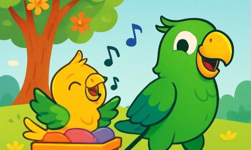 Sunny, a small bright yellow parrot with shiny green wings, is happily sitting in a colorful wagon surrounded by plush cushions. His expression is full of joy and excitement, his eyes sparkling as he sings cheerfully. Next to him, Max, his older brother, a vibrant green parrot, smiles broadly and enthusiastically pulls the wagon. He is full of energy and love for his little brother. In the background, a majestic tree stands under a clear blue sky, with green leaves and colorful flowers dancing in the wind. The ground is covered with soft green grass, dotted with small multicolored flowers. The scene depicts Sunny and Max heading to a singing show, surrounded by their parrot friends, all joyful and ready to sing together, creating a festive and friendly atmosphere.
