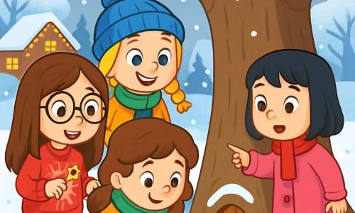 There are 4 children: Maya, an 8-year-old girl with long brown hair and round glasses, wearing a red sweater with a reindeer pattern and holding a small golden key; Bella, a 7-year-old girl with braided blonde hair and a blue hat, smiling joyfully and looking curiously at the key; Sophie, an 8-year-old girl with curly brown hair and a green scarf, crouching down to examine a small star-shaped keychain she found in the snow; and Lily, a 7-year-old girl with black hair in a pink coat, standing and pointing to a small hole in a large oak tree, where a mysterious door is located. The setting is a snowy park with majestic trees covered in sparkling snow, a thick white blanket on the ground, and gentle snowflakes falling from the light gray sky. In the background, houses adorned with colorful lights create a festive atmosphere. The main scene shows the four friends discovering a small door at the base of a large oak tree, with amazed expressions on their faces as they prepare to use the magical key to open the door and see what it hides.