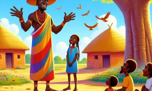 The main character, Kofi, is a middle-aged man with dark skin and a warm, broad smile. He wears a colorful hat that shines in the sun, a traditional tunic made of vibrant fabric, and leather sandals. Kofi stands under a large baobab tree with his arms open, expressing joy and wisdom as he speaks to his village. 

Ama, an 8-year-old girl, stands next to Kofi. She has long braided hair and wears a colorful dress. She looks at Kofi with admiration, her eyes sparkling with excitement, eager to hear his advice. 

Abena, a strong man in his 30s, stands slightly back. He has a well-groomed beard and wears a loincloth. He crosses his arms, looking thoughtful but attentive to the conversation between Kofi and Ama. 

The scene takes place in a sunny African village with clay houses and thatched roofs. The sky is bright blue, and colorful birds fly above the trees. The ground is dotted with wildflowers that add splashes of color to the surroundings. 

The main situation shows Kofi explaining to the villagers the importance of sharing, while Ama and Abena listen attentively, surrounded by friends and neighbors, all eager to learn and create harmony in their community.
