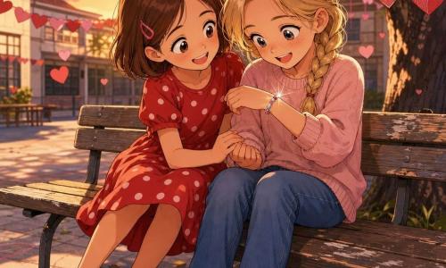 Two girls, about 10: Lily on the left with short brown hair and a pink clip, big expressive eyes, wearing a red polka-dot dress and white sneakers, smiling and holding her friend's hand; Mia on the right with braided blonde hair and light freckles, in a pale pink sweater and jeans, laughing softly as she looks at a repaired bracelet on her wrist threaded with silver and colorful beads. They sit close together on a slightly worn wooden bench in a schoolyard at dusk with chalked pale concrete, tender green trees in the background and Valentine decorations—red and pink paper garlands and hanging hearts—soft golden light, long shadows, small floating hearts and a warm, festive, intimate atmosphere.